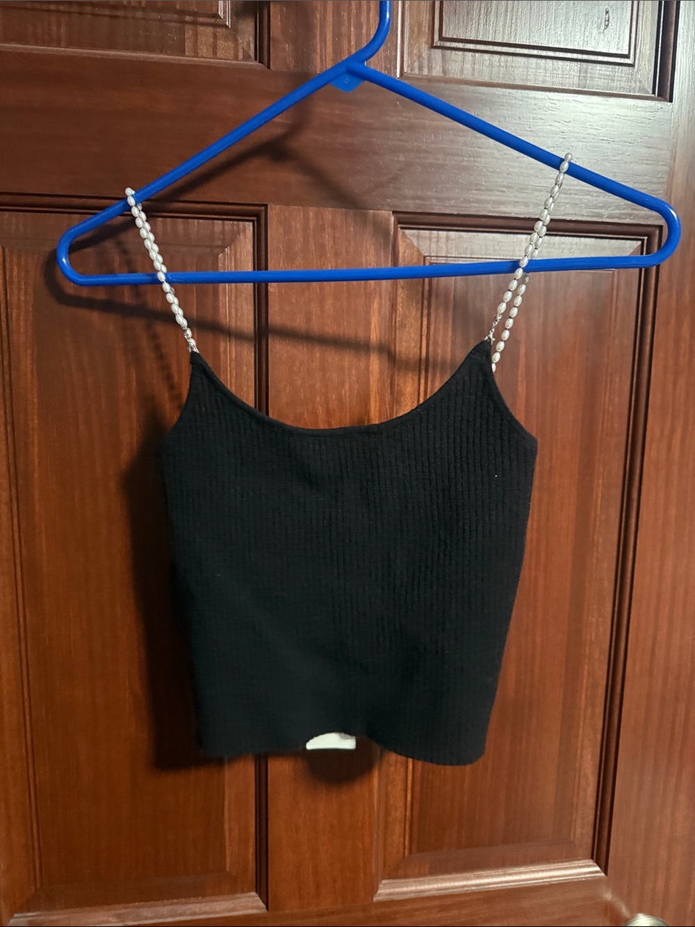 Black Ribbed Camisole with Faux-Pearl Straps - Women